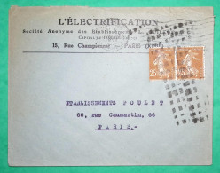 N°235 PAIRE SEMEUSE OBLITERATION ROULETTE DE GROS POINT PARIS ENVELOPPE ENTETE L'ELECTRIFICATION 1928 COVER FRANCE - 1906-38 Sower - Cameo