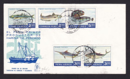 Peru: FDC First Day Cover, 1970, 5 Stamps, Fish, Fishery, Food, Sea Life (minor Damage; Cancel Ink Stains) - Perù