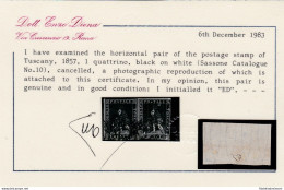 1857 TOSCANA, N° 10 1 Q. Nero  COPPIA USATA  Certificato E.Diena - Toscana