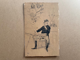• Beau Dessin Original Signé JOB • Encre Et Crayon Bleu Sur Carton • Officier Infanterie Napoléon III ? • Ca 1890 • - Zeichnungen