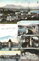 LUCERNE, MULTIPLE VIEWS, ARCHITECTURE, CHURCH, MOUNTAIN, TOWER, STATUE, PORT, BOATS, SWITZERLAND, POSTCARD - Lucerne