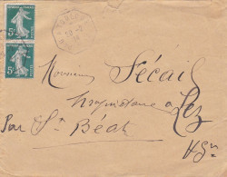 1914--Lettre Destinée à SAINT BEAT-31.-type Semeuse...cachet Ambulant Hexagonal "PAU à TOULOUSE" 20-2-14 - 1877-1920: Semi-Moderne