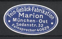 Reklamemarke München, Marion Fein-Gebäck Fabrikation, Sedanstr. 32  - Erinnophilie