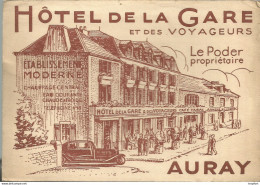 PS / Carte De Visite Ancienne 1936 HOTEL DE LA GARE AURAY LE PODER Propriétaire Traction GARE Café - Visiting Cards