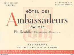 GK / Carte De Visite PUBLICITAIRE PUB CDV Hôtel Des AMBASSADEURS CAHORS PH SOUILLET Restaurant FOIE GRAS D'OIE TRUFFE - Visiting Cards