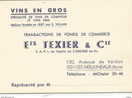 RT / Carte De Visite Ancienne ISSY LES MOULINEAUX (92 ) TEXIER Vins En Gros Avenue De VERDUN - Visiting Cards