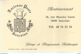 CO / Carte De VISITE Ancienne RESTAURANT 18600 SANCOINS Rue Maurice LUCAS BELLANGER Ancienne Poste - Visitenkarten