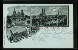Mondschein-Lithographie Lübeck, Holstenthor, Marktplatz, Panorama  - Luebeck