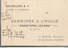 F152 / CDV Carte Publicitaire De Visite PUB Advertising Card / TOULOUSE Sardines à L'huile CRISTOPHE COLOMB - Visiting Cards