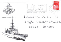 ENVELOPPE AVEC CACHET FREGATE F.A.S.M. LA  MOTTE PICQUET - PARIS NAVAL LE 08/1/01 - Seepost