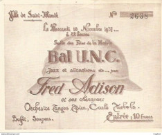 CARTE De Visite ANCIENNE Publicitaire Pub BAL U.N.C Jazz FRED ADISON VILLE DE SAINT MANDE Numéroté 2638 Entrée 1937 - Visiting Cards