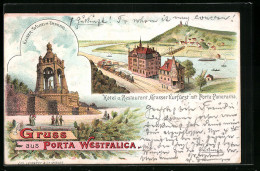 Lithographie Porta Westfalica, Hotel Und Restaurant Grosser Kurfürst, Kaiser Wilhelm Denkmal  - Porta Westfalica