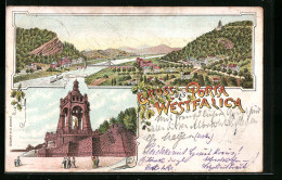 Lithographie Porta Westfalica, Panorama Mit Brücke, Kaiser Wilhelm Denkmal  - Porta Westfalica