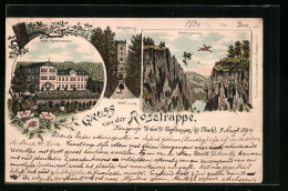 Vorläufer-Lithographie Thale, 1894, Gruss Von Der Rosstrappe, Hotel Rosstrappe, Hexensprung, Winzenburg  - Thale