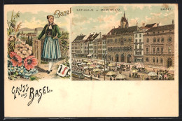 Lithographie Basel, Rathaus Und Marktplatz, Tracht  - Bâle