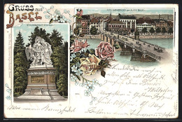 Lithographie Basel, Alte Rheinbrücke Mit Klein Basel, Strassburger-Denkmal  - Bâle