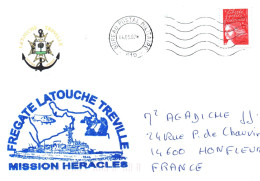 ENVELOPPE AVEC CACHET FREGATE LATOUCHE TREVILLE - MISSION HERACLES - BUREAU POSTAL MILITAIRE N° 610  LE 04/05/02 - Correo Naval