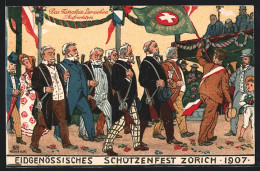 AK Zürich, Eidgenössisches Schützenfest 1907, Das Fähnlein D. 7 Aufrechten  - Hunting