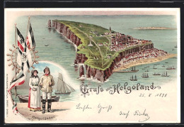 Lithographie Helgoland, Panorama Der Insel, Paar In Tracht, Segelschiffe  - Helgoland