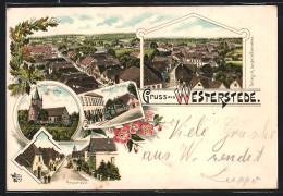 Lithographie Westerstede, Secundär-Bahn, Turm, Peterstrasse, Ortsansicht  - Westerstede