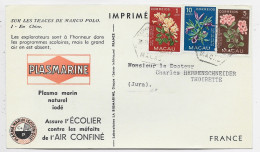 MACAU 1 AVO+10 AVOS+5AVOS CARD PUB PLASLMARINE MACAO 1953 TO FRANCE - Storia Postale