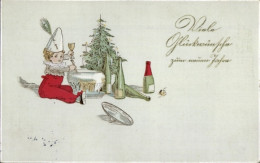 Lithographie Fröhliches Neujahr, Kind Mit Punschschüssel, Sektflaschen - Anno Nuovo