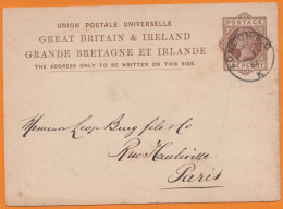 G.B.  Entier VICTORIA 0ne Penny  Posté à LONDRES    Le  7 Avril  1881   Pour PARIS - Material Postal