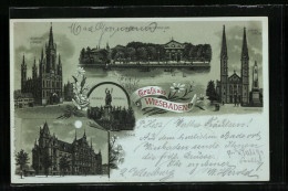 Mondschein-Lithographie Wiesbaden, Rathaus, Kursaal U. Musikpavillon, Evangel. Kirche  - Wiesbaden