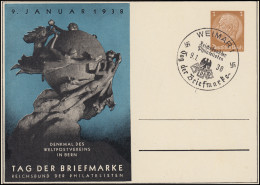 Sonderpostkarte TAG DER BRIEFMARKE Blau Weltpostverein 3 Pf SSt WEIMAR 9.1.38 - Journée Du Timbre