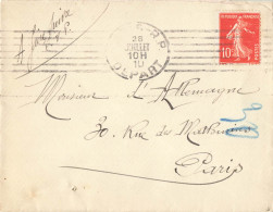 Anneau Lune Sur Semeuse 10c Sur Lettre Paris 28/7/1910 - 1906-38 Säerin, Untergrund Glatt