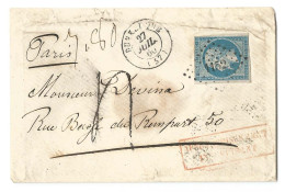 1860 Dunkerque 59 Nord CAD Type 15 Vers Paris Taxe 4 Decimes  Cachet Rouge Affranchissement Insuffisant Losange 1152 - 1853-1860 Napoleone III