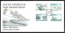 122-Y&T Série 192/195 South Georgia And South Sandwich Islands Sur FDC Illustrée Du 31 JULY 1989 - Glaciers En Formation - Brieven En Documenten
