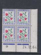 France Timbres-Taxe N° 101 XX Fleurs : 50 C. Trèfle,  En Bloc De 4 Coin Daté Du 24. 12 . 64 ; 1 Point Blanc, Ss Ch. TB - Strafport