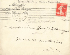 Semeuse 10c Sur Petite Lettre Ministere De L'instruction Publique Et Des Beaux Arts Paris 1913 - Storia Postale