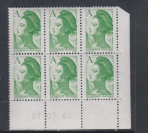 France Type Liberté N° 2423 XX :  A  Vert  En Bloc De 6 Coin Daté Du 07 . 07 . 86 ;   Sans Charnière TB - 1980-1989