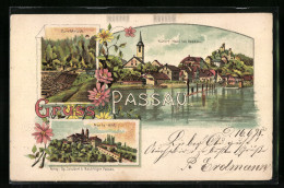 Lithographie Passau, Durchbruch, Maria-Hilf, Kurort Hals  - Passau