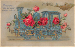 1er Avril - N°81425 - Petit Poisson, Messager De Bonheur... - Locomotive Décorée De Myosotis Et De Roses - Carte Gaufrée - April Fool's Day