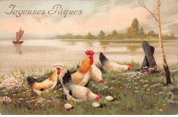 Pâques - N°82856 - Joyeuses Pâques - Poules Et Coq Au Bord De L'eau - Carte Gaufrée, Vendue En L'état - Ostern