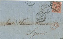 GRANDE BRETAGNE LETTRE 4P CACHET AMB. CALAIS + LONDRES POUR LYON ( RHONE ) DE 1865    LETTRE COVER - Lettres & Documents