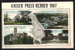 AK Kaiser Preis Rennen 1907, Rennwagen & Karte Der Rennstrecke, Ortsansichten, Saalburg, Homburg, Weilburg & Königste  - Autres & Non Classés