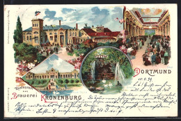 Lithographie Dortmund, Restaurant Der Brauerei Kronenburg, Neue Halle, Innenansicht Saal, Grotte  - Halle I. Westf.