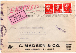 Norwegen 1944, 3x20 öre Auf Express Zensur Brief V. Oslo N. Schweden - Cartas & Documentos