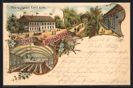 Lithographie Mittel-Itter, Gasthaus Restauration E. Ern Mit Saal U. Gartenhaus  - Autres & Non Classés