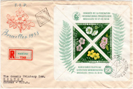 Ungarn 1958, Block 28 A Blumen Auf Einschreiben Brief V. Mabeosz N. USA - Briefe U. Dokumente