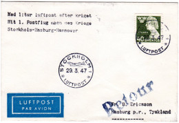 Schweden 1947, 40 öre On 1st. After War Flight Cover From Stockholm To Hamburg - Lettres & Documents