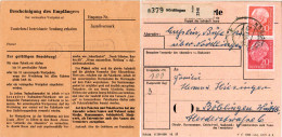 1959, WÖRNITZOSTHEIM über Nördlingen, Landpost Stpl. Rücks. Auf Paketkte.  - Storia Postale