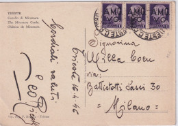 1946 TRIESTE Cartolina Affrancata Con Trio Da 1 Lira Imperiale Senza Fasci - Storia Postale