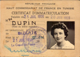 Certificat D Immatriculation Tunisie, Bizerte, 1956 - Membership Cards