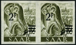 SAARLAND 229YIU  Paar **, 1947,  2 Fr. Auf 12 Pf. Schwarzgrauoliv, Wz. 1Y, Ungezähnt, Im Waagerechten Paar, Pracht, Gepr - Autres & Non Classés