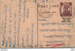 India Gwalior Postal Stationery George VI 1/2A Khategaon Cds - Gwalior